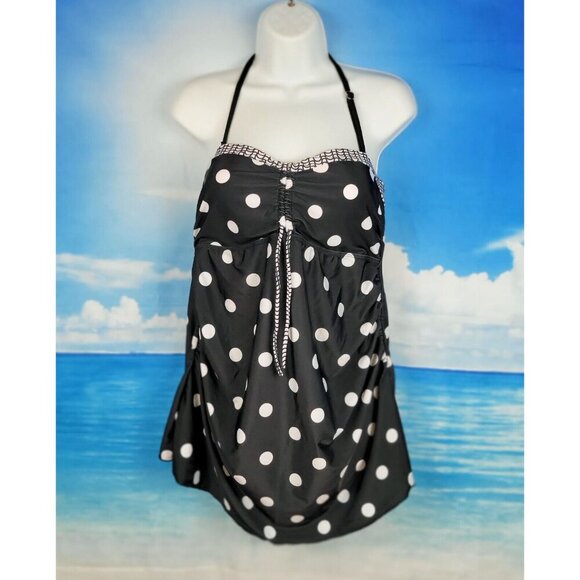 Woman's BLACK Polka Dot HALTER Swim Dress Bathing Suit TANKINI Top size Lg - Picture 2 of 4